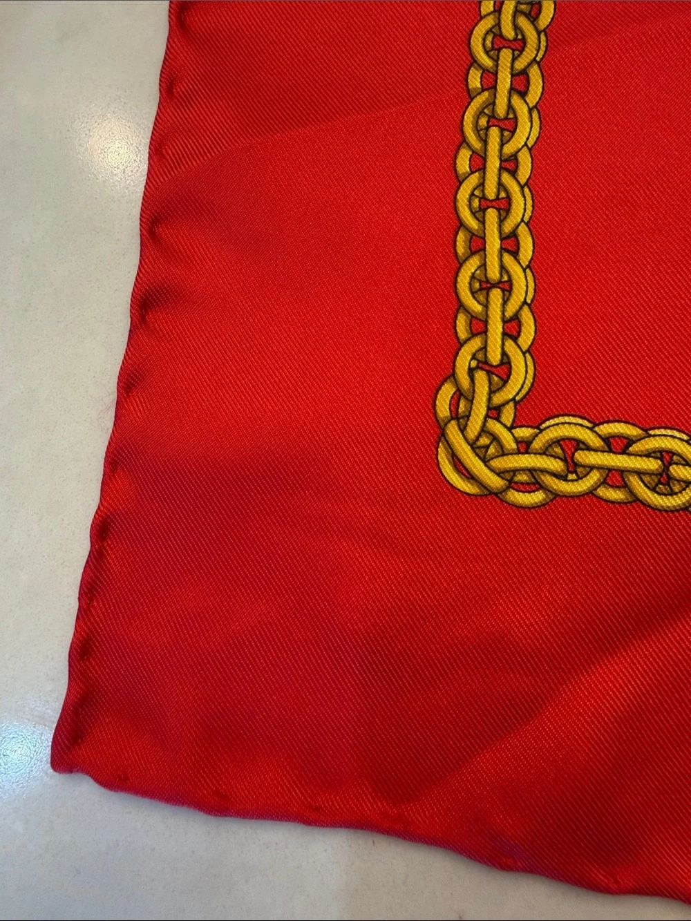 Vintage Paloma Picasso silk‎ scarf Red with Gold Chain Hearts